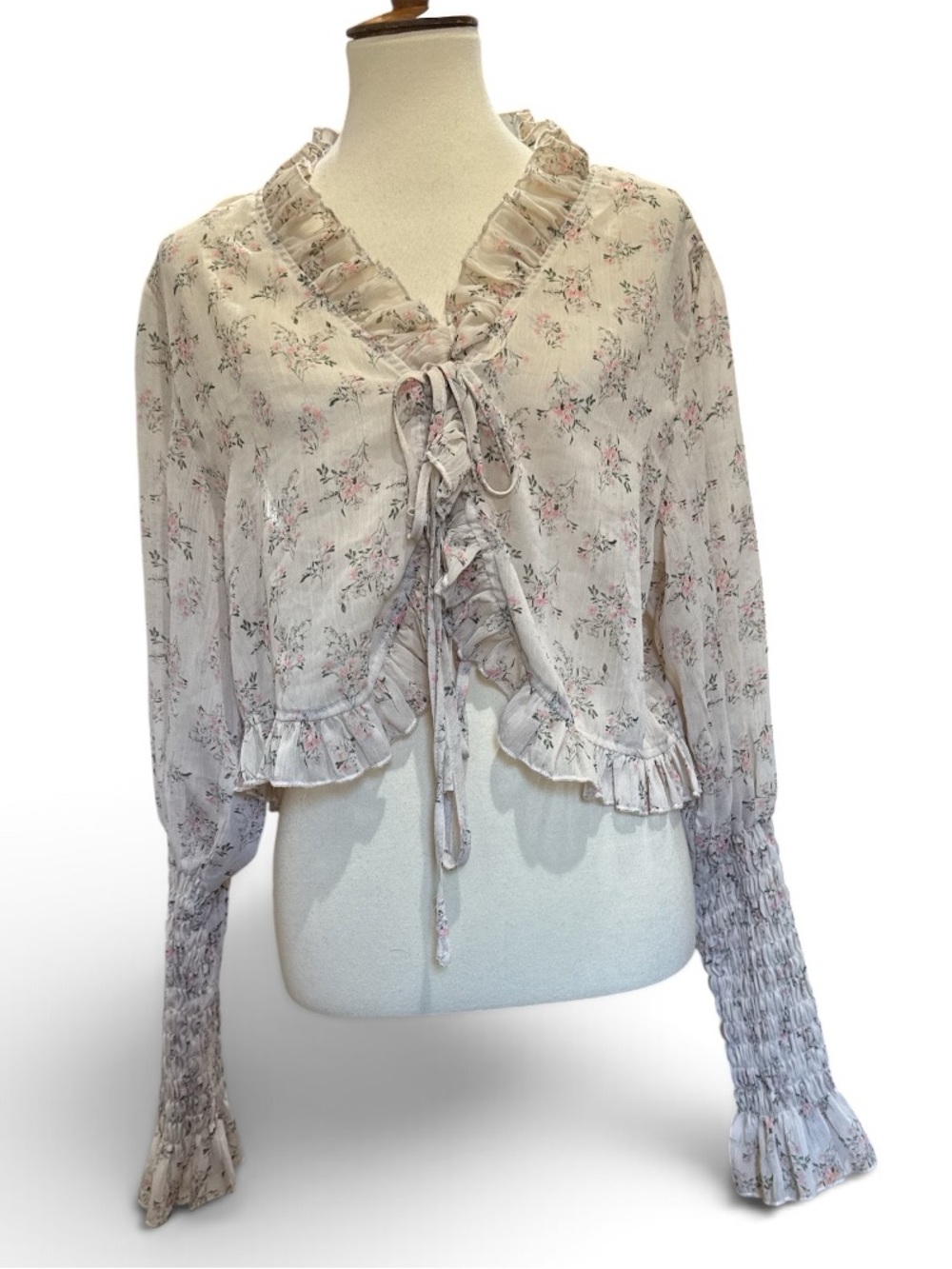 Fashion Nova Cream Floral Ruffle Tie-Front Blouse #717